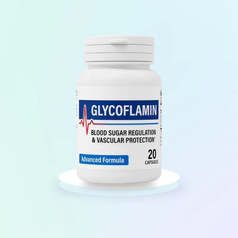 Frasco original de Glycoflamin de 20 cápsulas con tapa blanca y franja azul