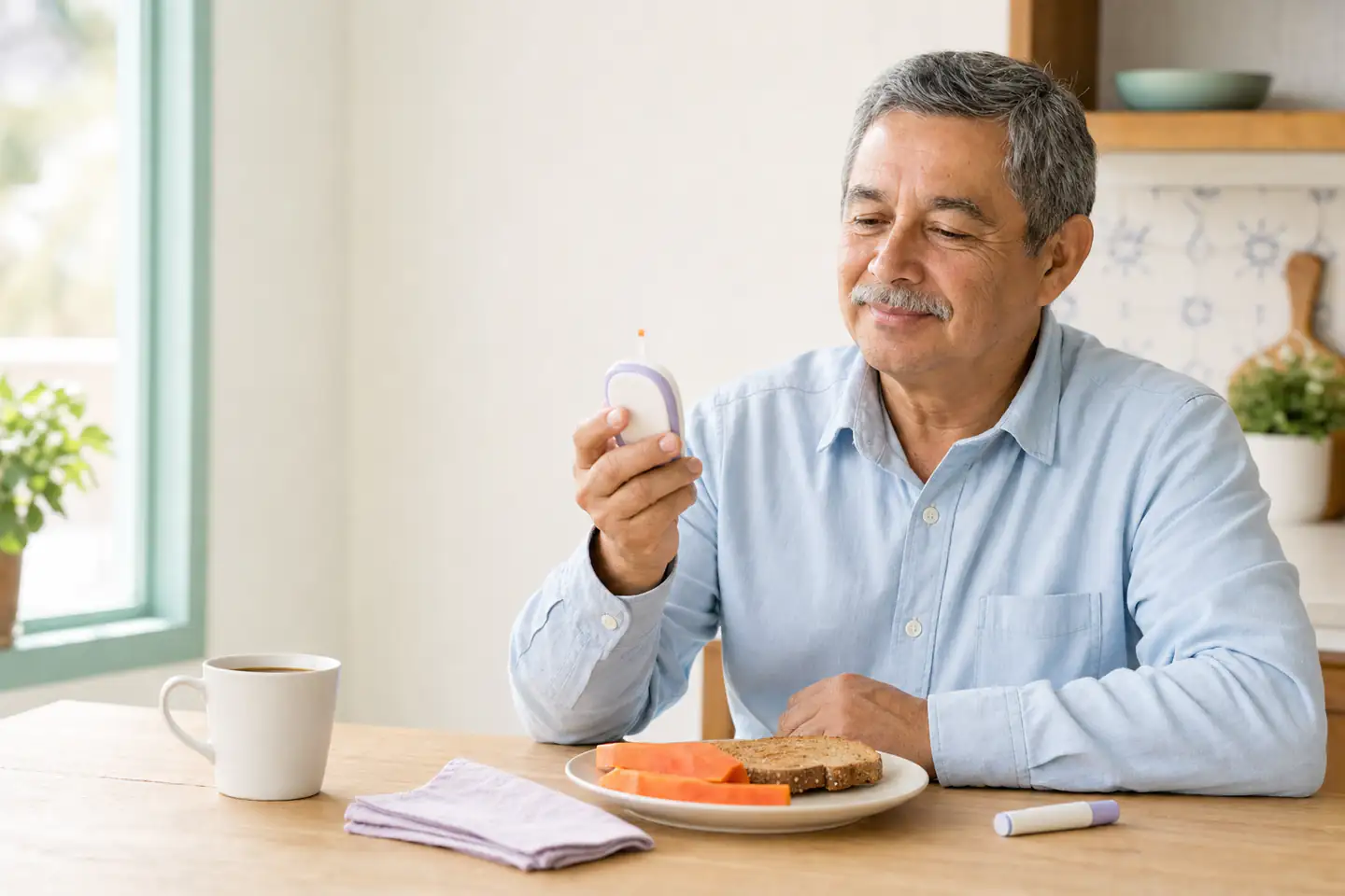 Hombre de 60 años revisa su glucómetro en la mesa del desayuno