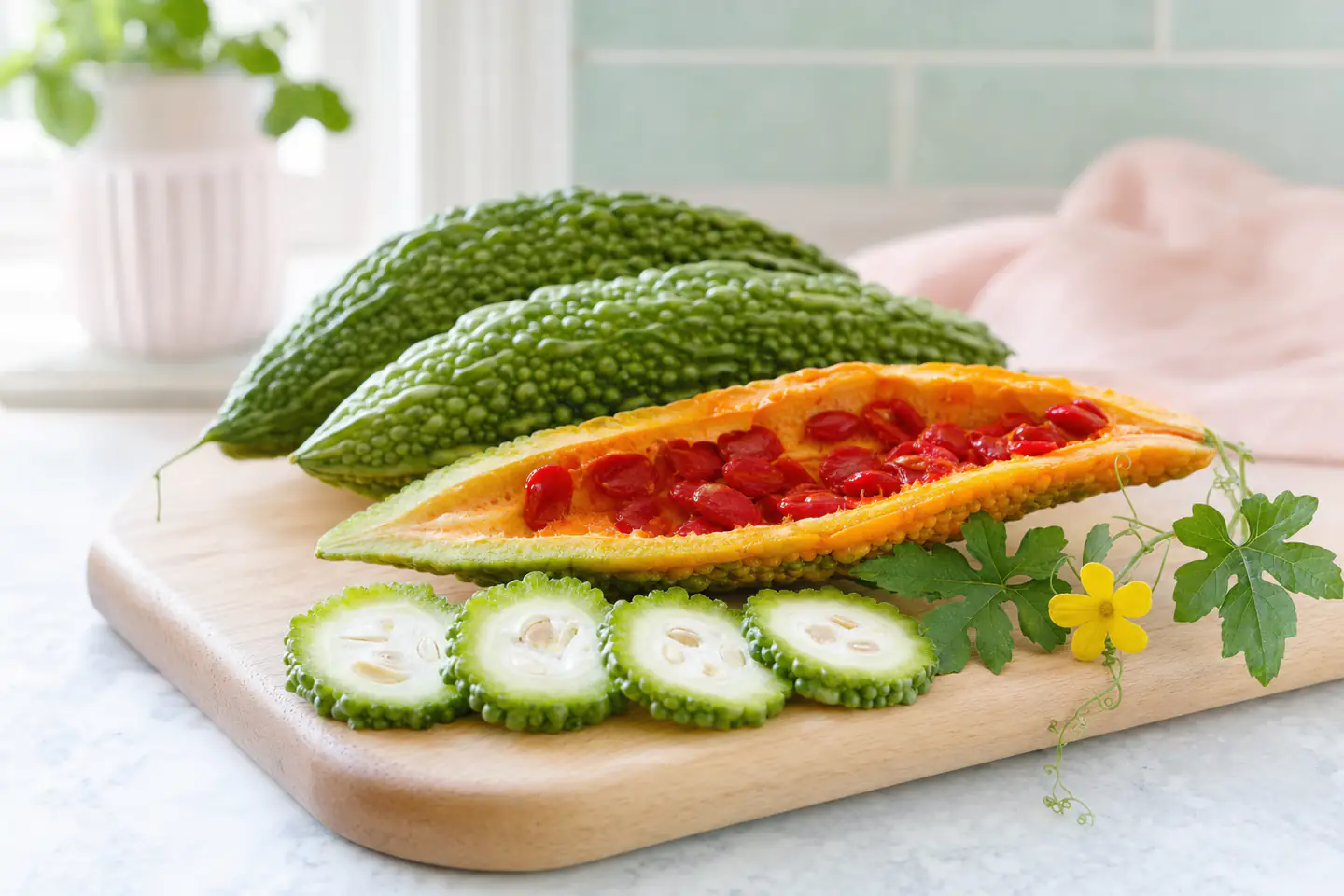 Melón amargo o cundeamor (Momordica charantia): frutos verdes y rugosos, uno abierto con semillas rojas, y rodajas