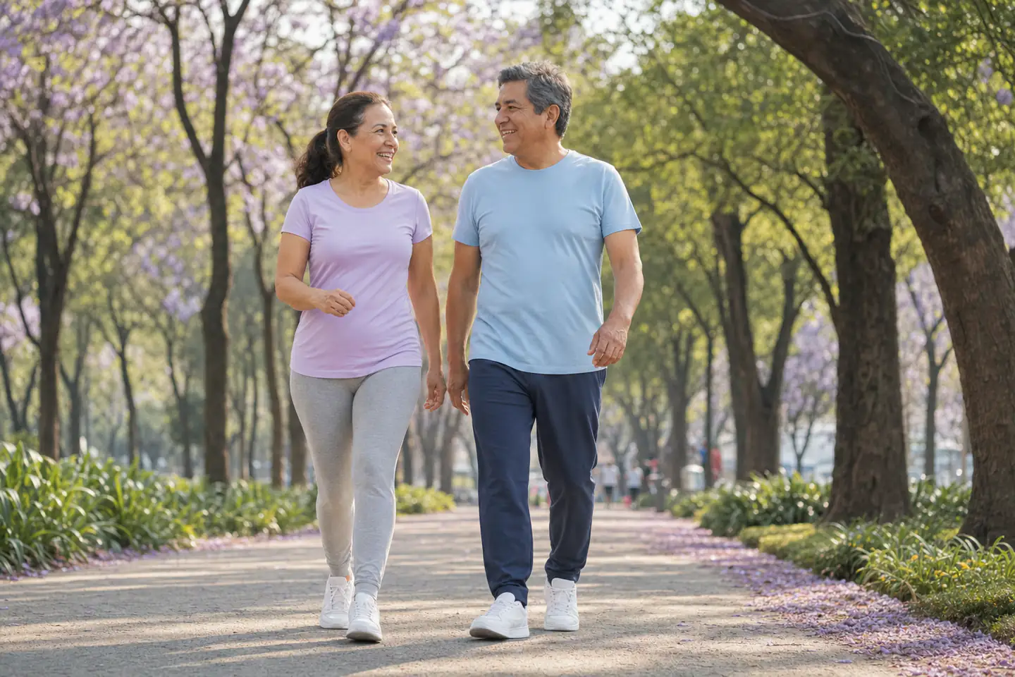 Pareja de 55 años camina por un parque por la mañana