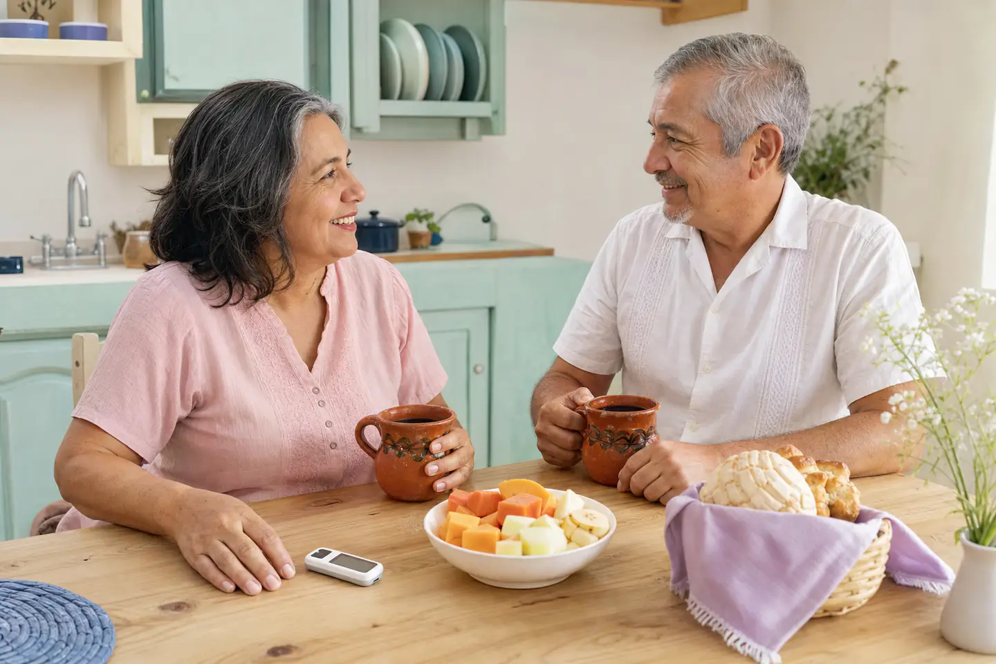 Mujer y hombre de 60 años desayunan juntos en casa